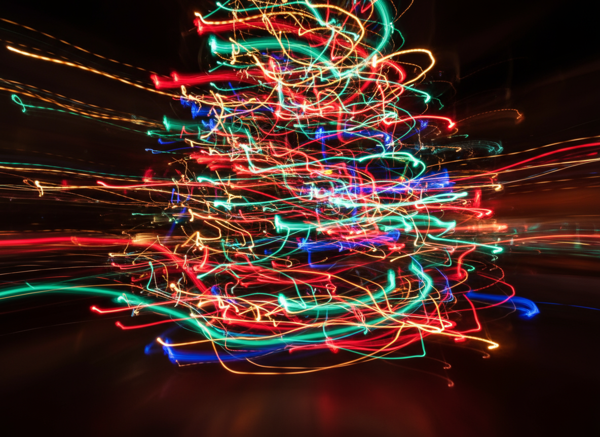 흐릿하고 다채로운 크리스마스 불빛의 추상적인 장노출 사진으로, 역동적인 배경을 만듭니다.