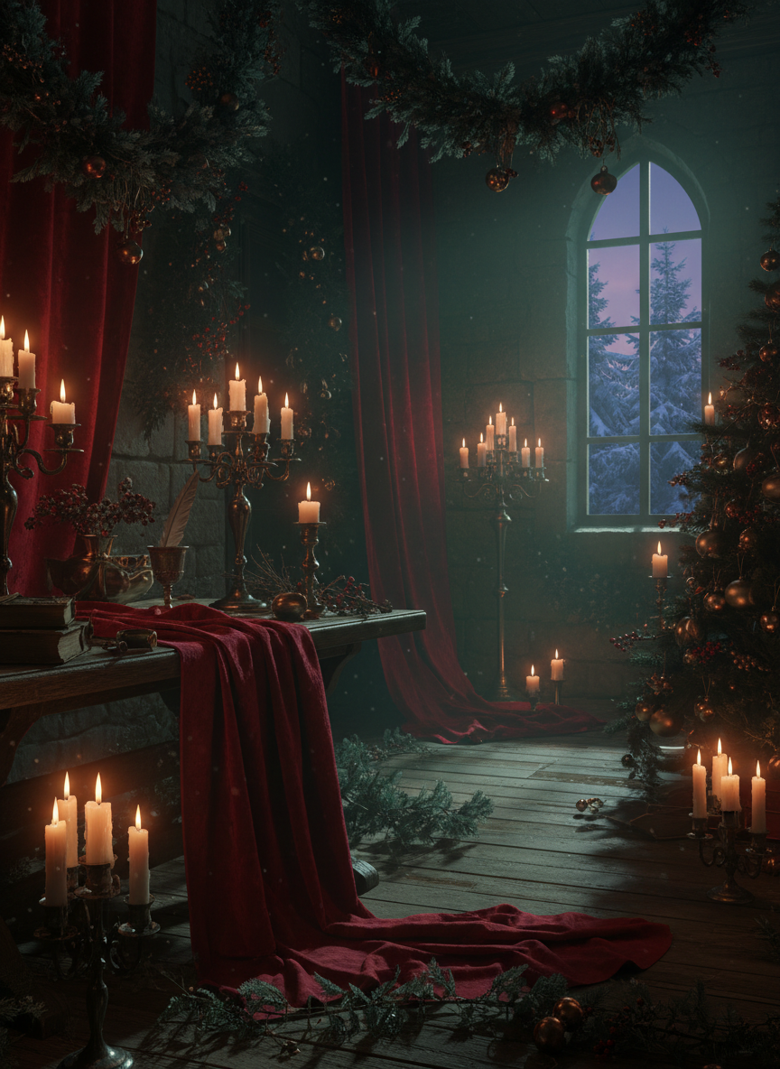 깊은 색조와 흔들리는 촛불이 있는 어둡고 분위기 있는 크리스마스 배경입니다.
