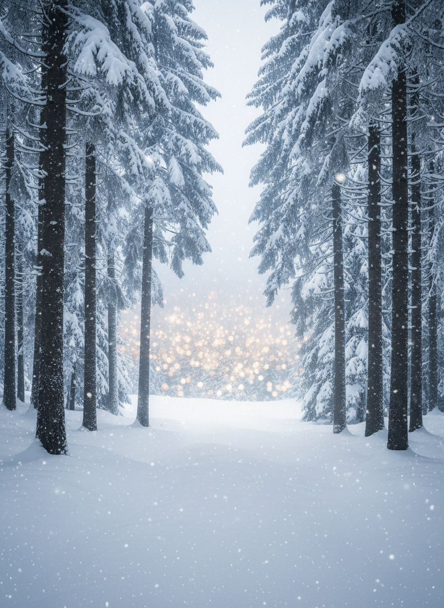 눈 덮인 숲과 멀리 반짝이는 불빛이 있는 크리스마스 배경.