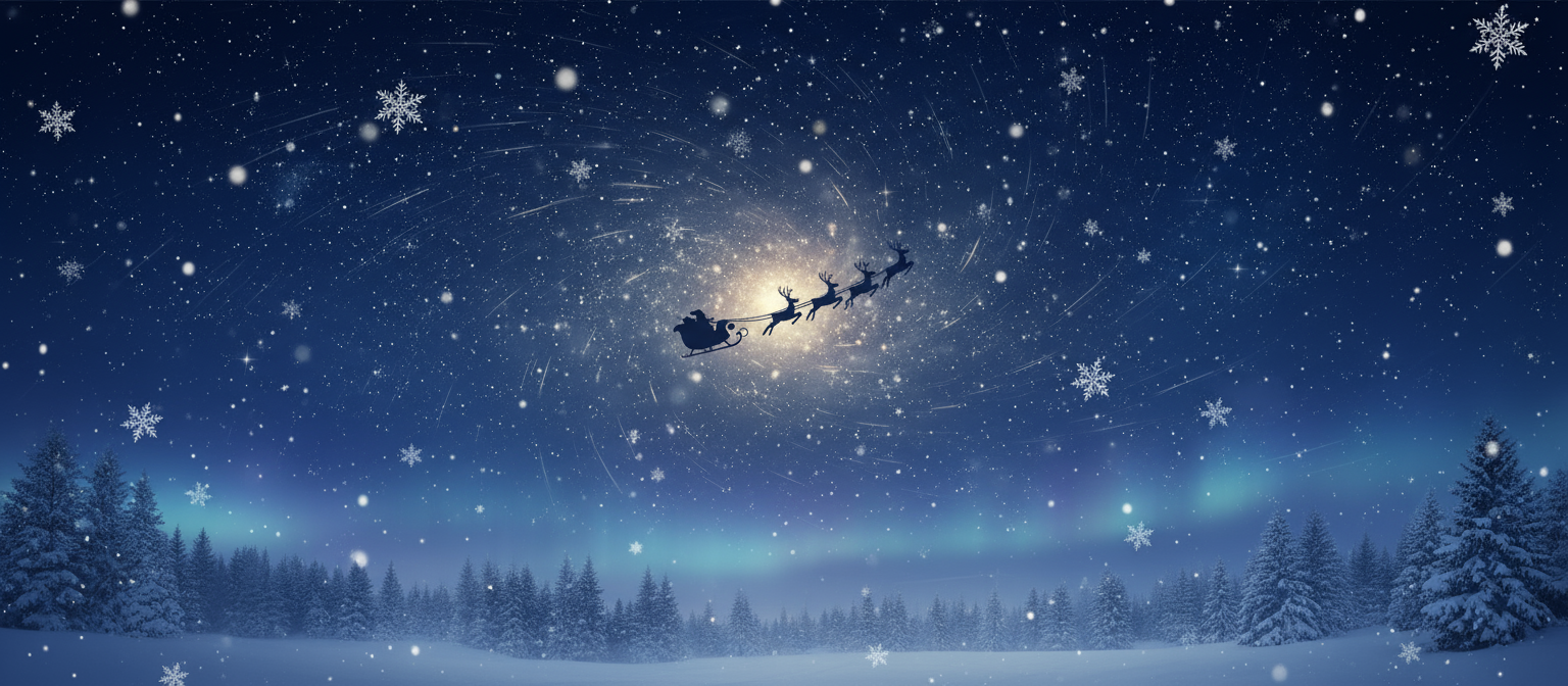 순록 썰매 실루엣과 떨어지는 눈송이가 있는 마법 같은 별이 빛나는 밤 크리스마스 배경입니다.
