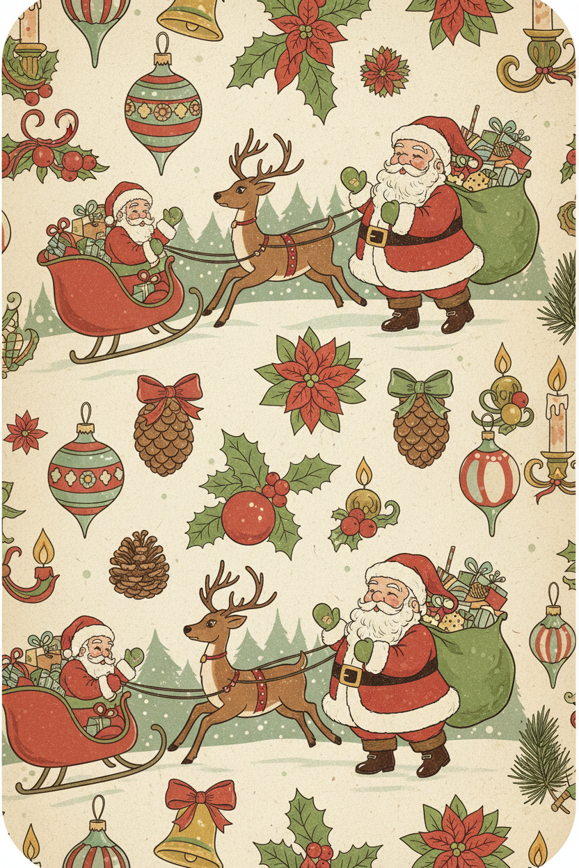 고전적인 삽화와 구식 장식이 있는 빈티지 레트로 크리스마스 배경입니다.
