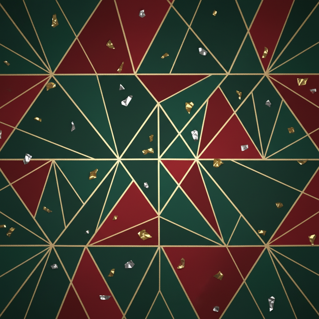 에메랄드 그린과 루비 레드의 축제 색상으로 구성된 현대적인 기하학적 크리스마스 배경, 은은한 금속 액센트가 특징.