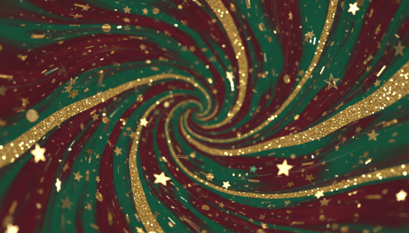 빨강, 초록, 금색의 반짝이와 색종이 조각이 소용돌이치는 추상적인 크리스마스 배경.