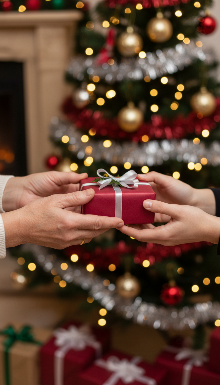 장식된 크리스마스 트리를 배경으로 크리스마스 선물을 교환하는 손의 클로즈업.