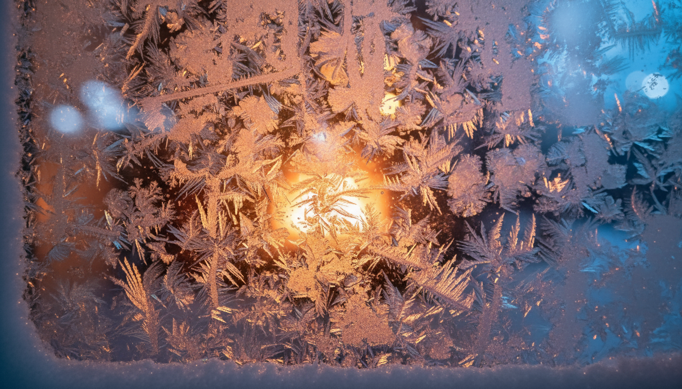 창문에 서리 낀 패턴이 있는 얼음처럼 반짝이는 크리스마스 배경.