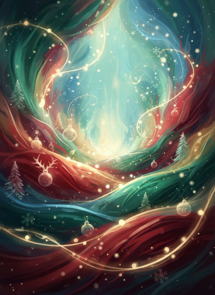 소용돌이치는 축제 색상과 영묘한 빛 효과가 있는 추상적인 크리스마스 배경입니다.