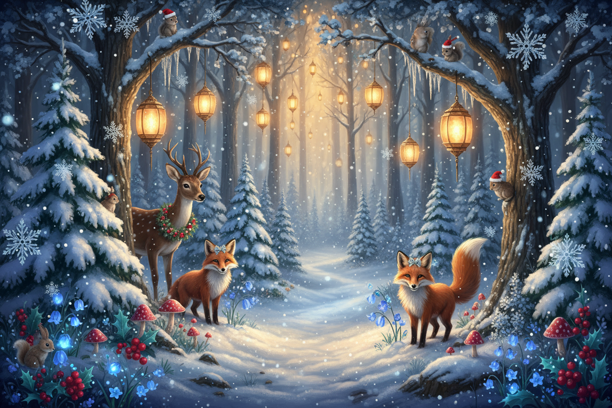 다정한 동물들과 빛나는 등불이 있는 마법 같은 숲 크리스마스 배경입니다.