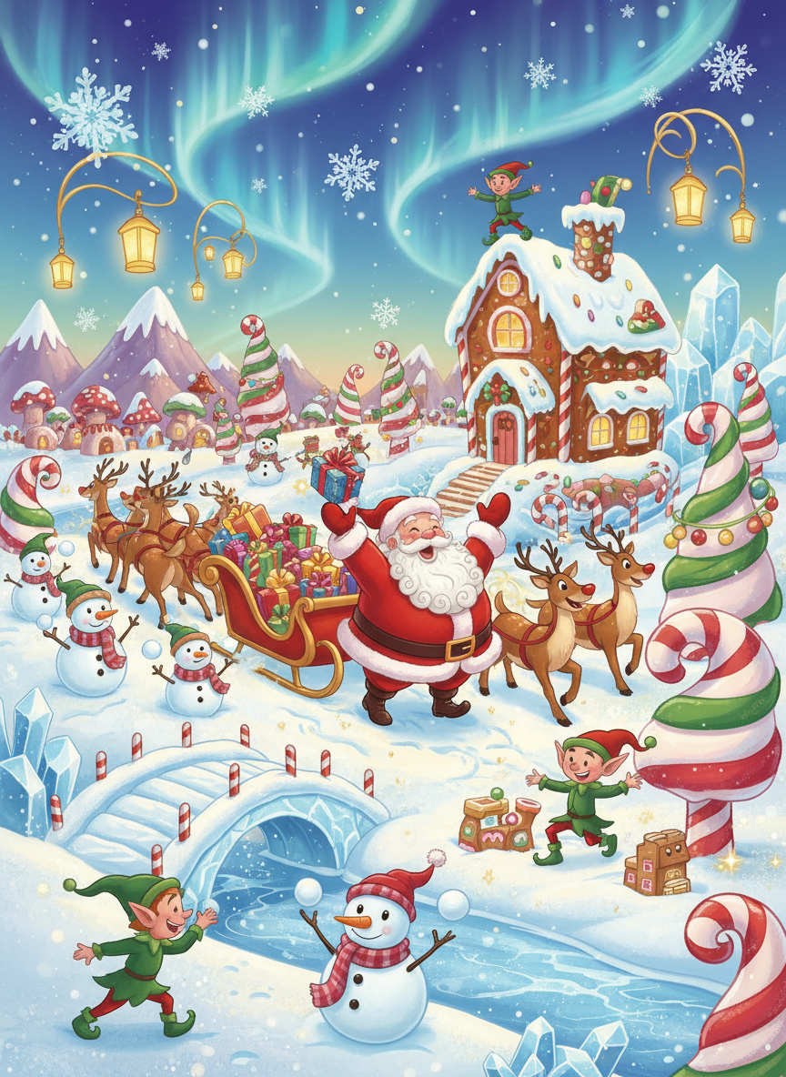산타, 순록, 장난기 넘치는 엘프들이 있는 만화 애니메이션 스타일 크리스마스 배경입니다.