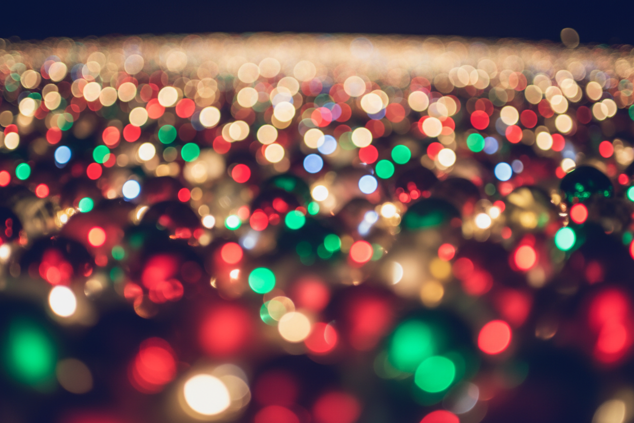 초점 밖의 반짝이는 조명으로 멋진 보케 효과가 나는 크리스마스 배경입니다.