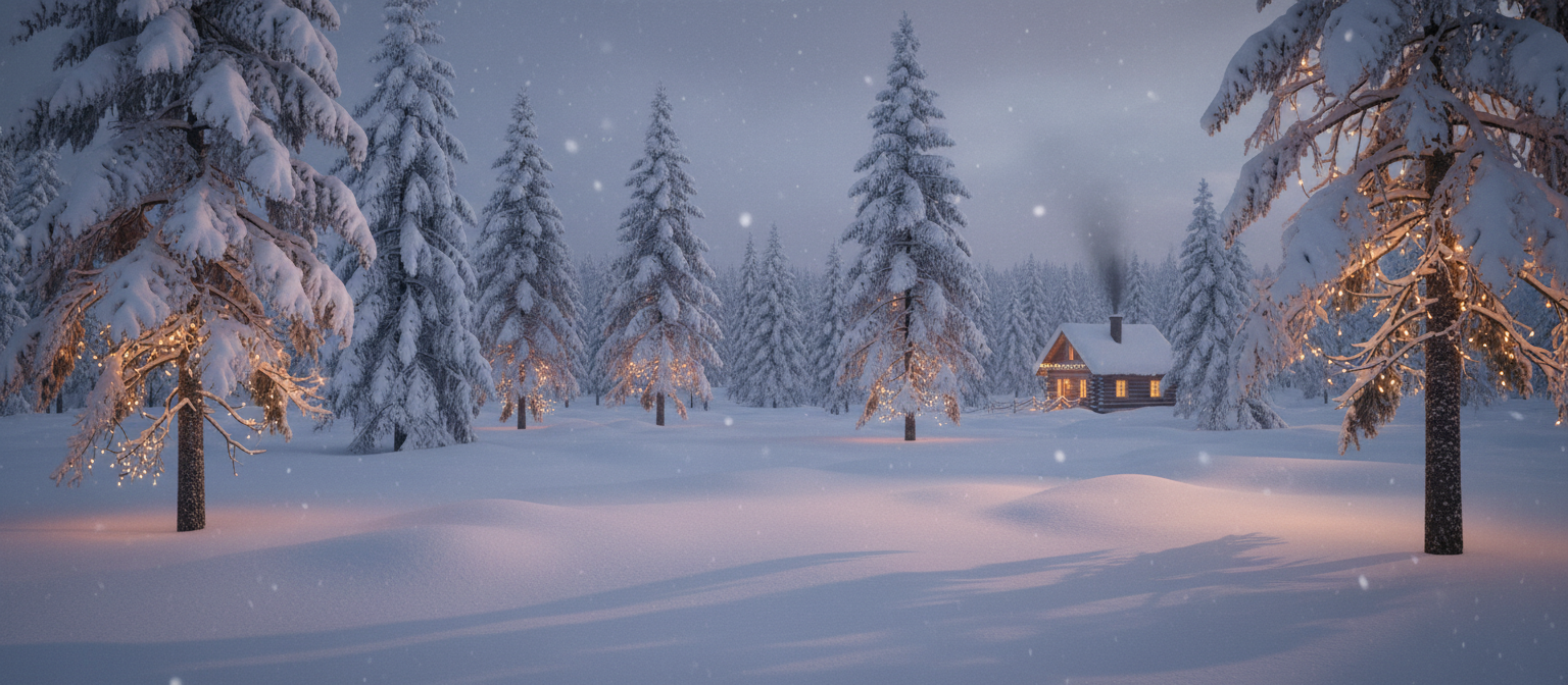 눈 덮인 소나무와 부드러운 불빛이 있는 고요한 겨울 왕국 크리스마스 배경입니다.