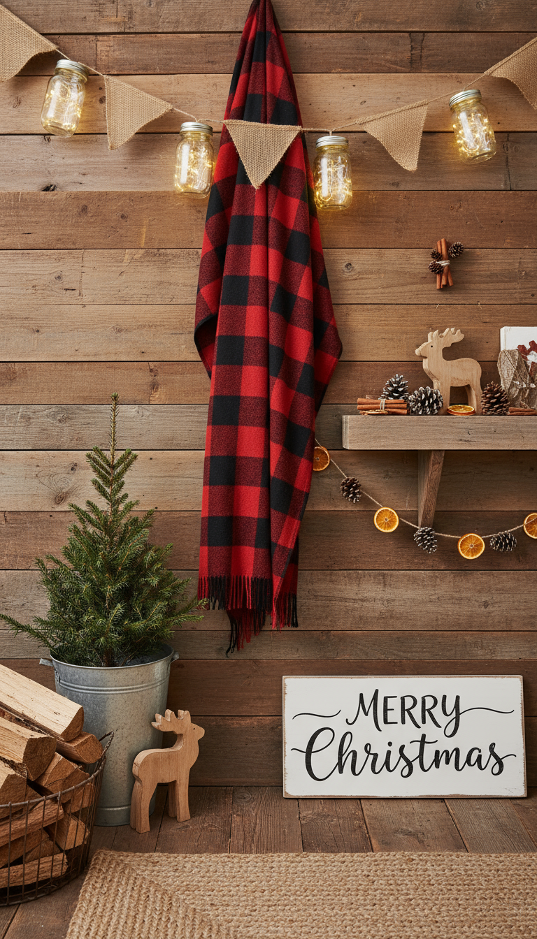 나무 질감, 황마, 컨트리 스타일 장식이 있는 소박한 농가 크리스마스 배경입니다.