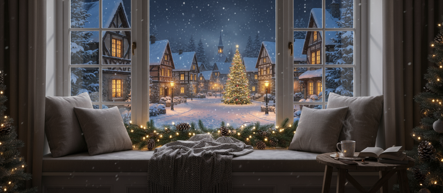 따뜻한 창문 밖으로 눈 내리는 마을 풍경이 보이는 평화로운 크리스마스 배경입니다.