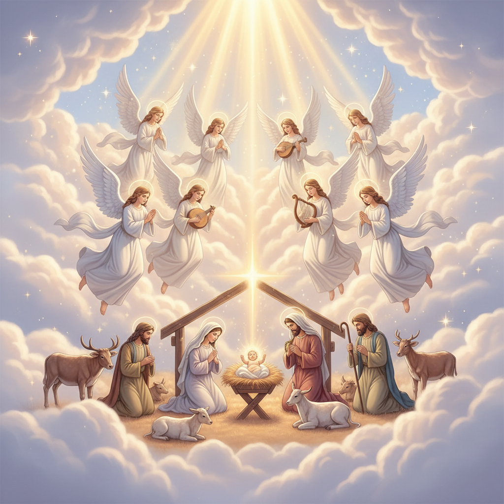 평화로운 탄생 장면이나 천사들이 있는 천상의 크리스마스 배경입니다.