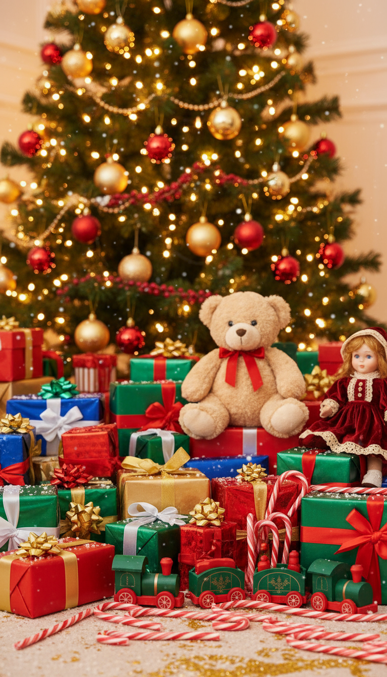 다채로운 포장 선물과 고전적인 장난감이 있는 즐거운 크리스마스 배경입니다.