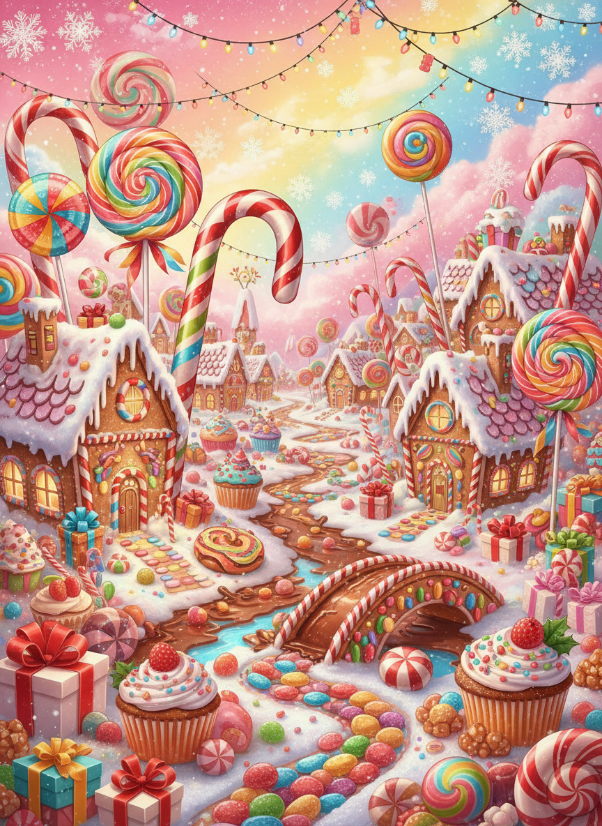 진저브레드 하우스와 달콤한 간식들이 있는 기발한 캔디랜드 크리스마스 배경입니다.