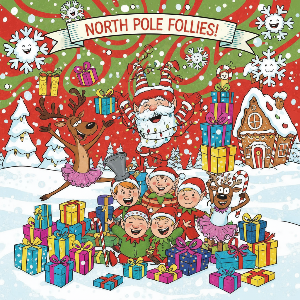 재미있는 포즈를 취한 크리스마스 캐릭터와 선물이 있는 유머러스한 일러스트레이션.