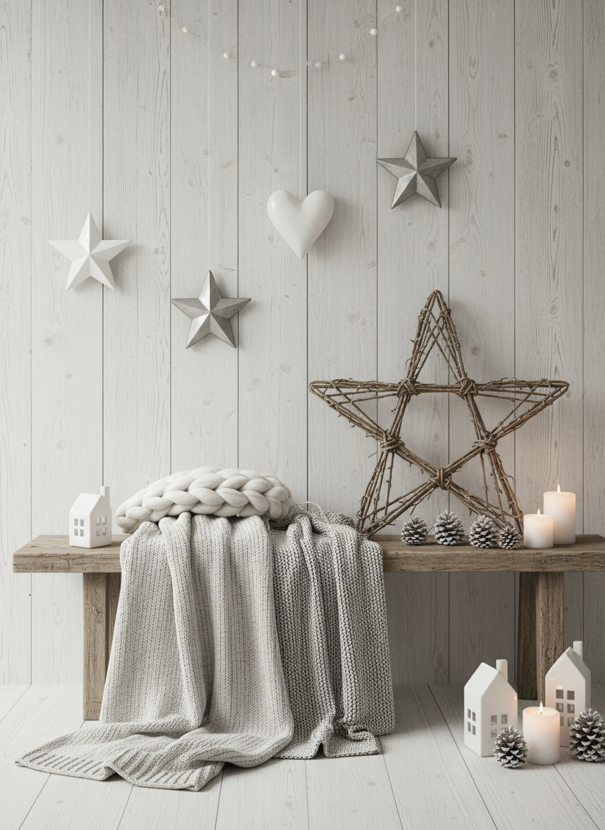 미니멀리즘 디자인과 천연 소재를 사용한 북유럽 스칸디나비아 크리스마스 배경입니다.