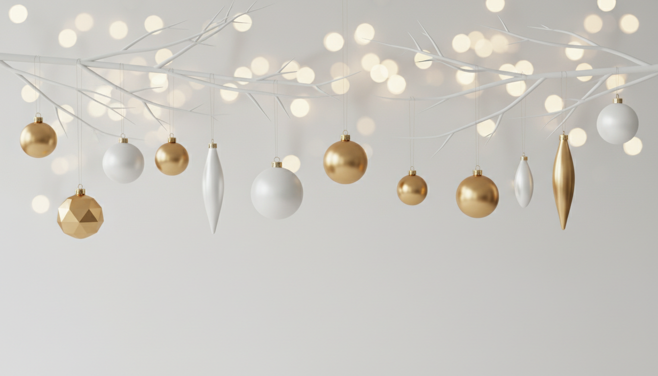 깔끔하고 흐릿한 보케 조명 배경에 섬세한 가지에 걸린 우아한 금색과 흰색 장식이 있는 미니멀한 크리스마스 배경.