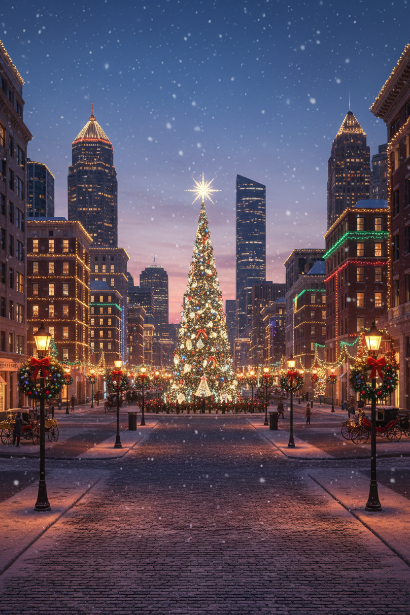 조명된 건물과 도시의 크리스마스 트리가 있는 황혼의 축제 도시 풍경 크리스마스 배경입니다.