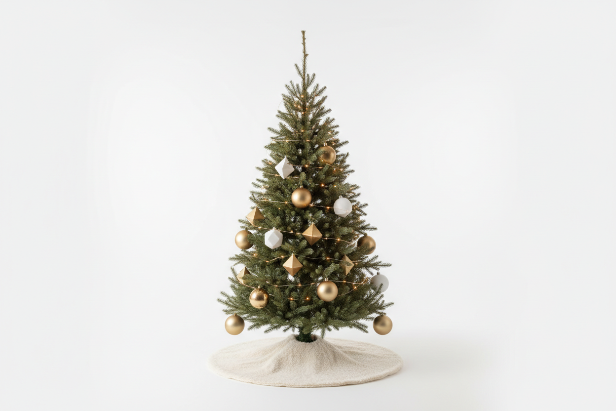깨끗한 흰색 배경에 간단한 장식과 따뜻한 흰색 조명으로 우아하게 장식된 미니멀한 크리스마스 트리.