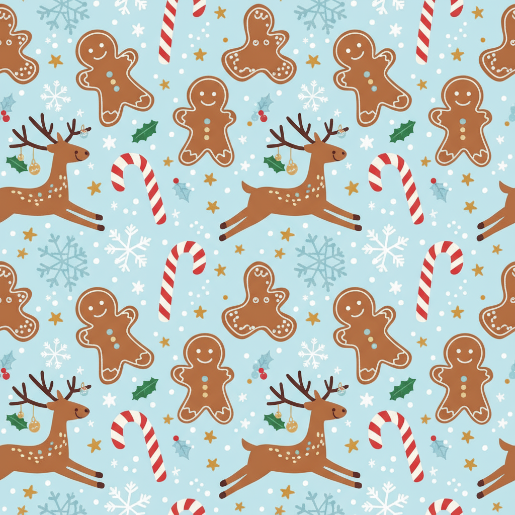 진저브레드맨, 사탕 지팡이, 눈송이가 있는 장난기 넘치는 크리스마스 패턴 배경.