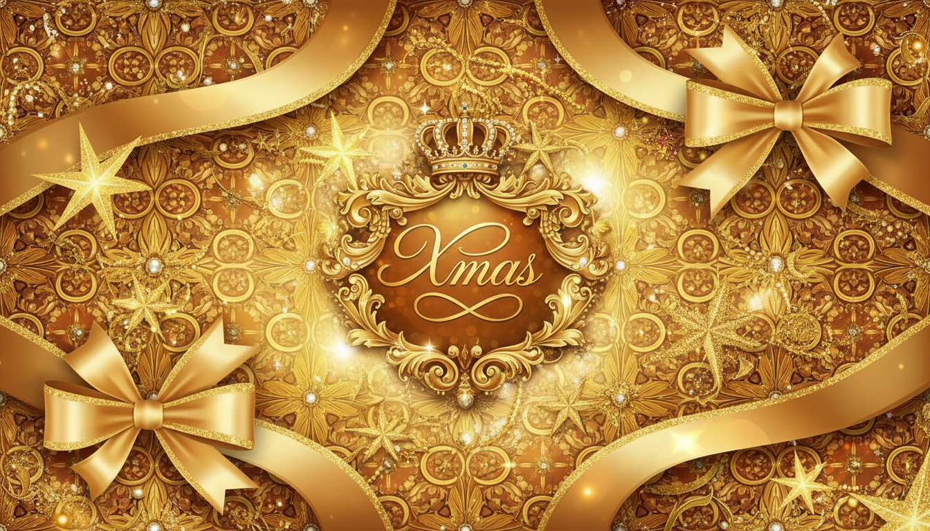 바로크 양식의 패턴, 리본, 별이 있는 웅장한 황금색 크리스마스 배경.