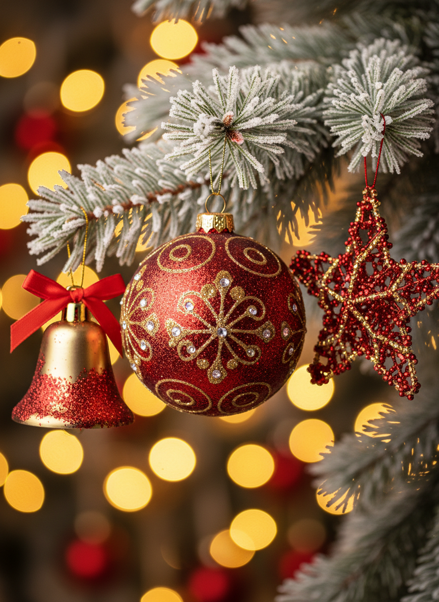 붉은색과 금색의 반짝이는 크리스마스 장식품이 소나무 가지에 매달려 있고, 배경에는 흐릿한 따뜻한 전구 불빛이 보입니다.