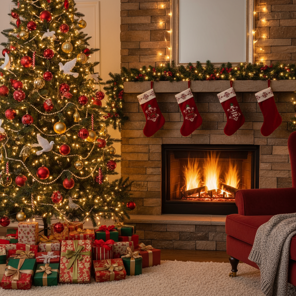 장식된 나무, 벽난로, 선물들이 있는 고전적인 크리스마스 배경입니다.
