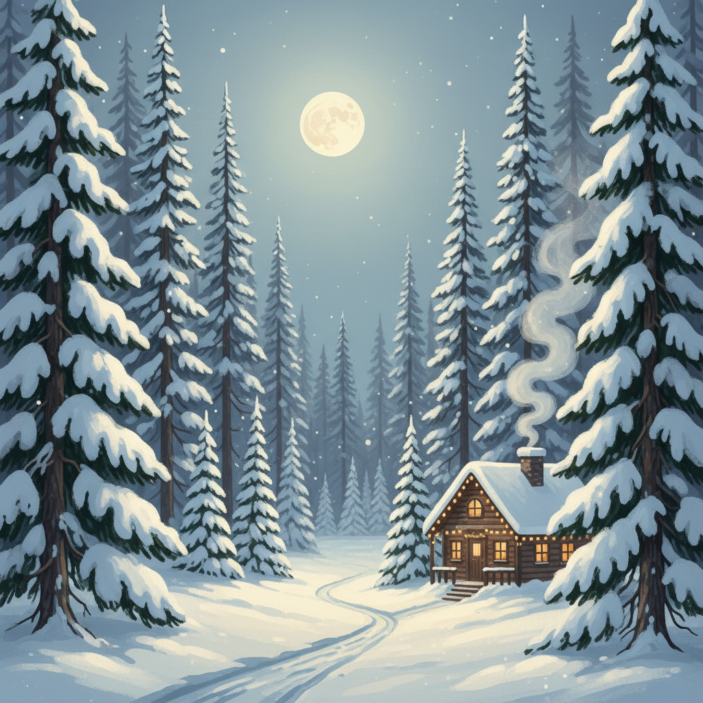 달빛 아래 평화로운 소나무 숲과 멀리서 비치는 오두막 불빛이 어우러진 고요한 크리스마스 풍경 일러스트.