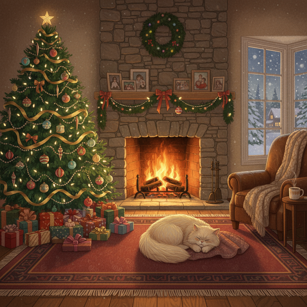 벽난로, 크리스마스 트리, 낮잠 자는 고양이가 있는 아늑한 크리스마스 거실 일러스트.
