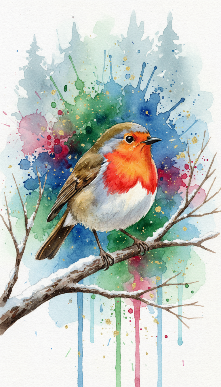 빨간 물감이 튀는 현대적인 수채화 스플래시 아트 크리스마스 일러스트. 앙상한 나뭇가지에 앉은 선명한 빨간 울새와 다채로운 페인트 얼룩, 은은한 반짝이가 어우러짐.