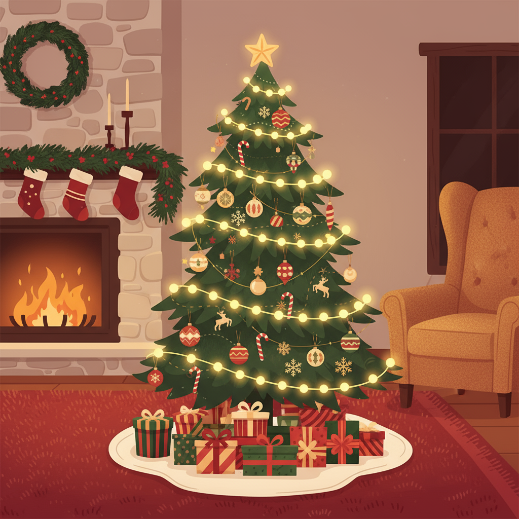 화려하게 장식된 크리스마스 트리와 선물들이 놓인 아늑한 거실의 디테일한 벡터 아트 일러스트.