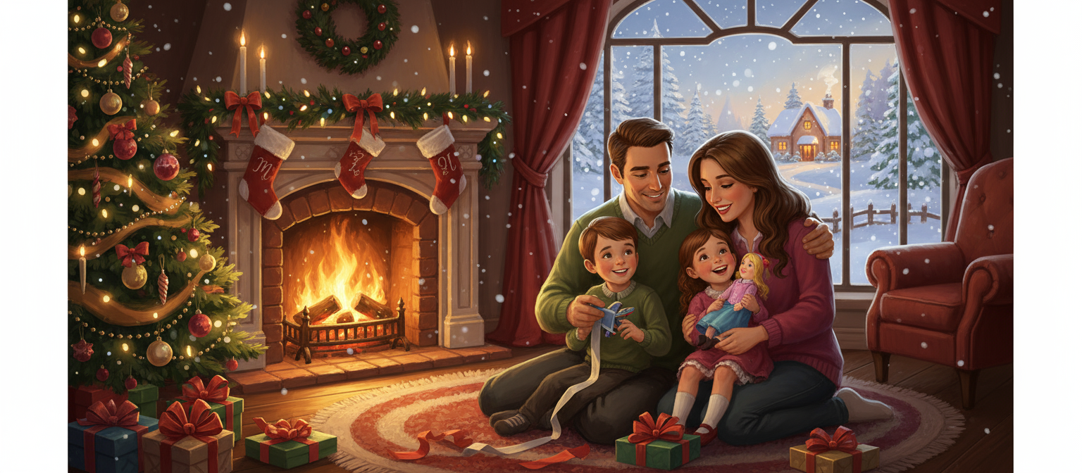 창밖으로 눈이 내리는 가운데 벽난로 옆에 앉아 행복한 표정으로 선물을 여는 가족의 따뜻한 크리스마스 일러스트.