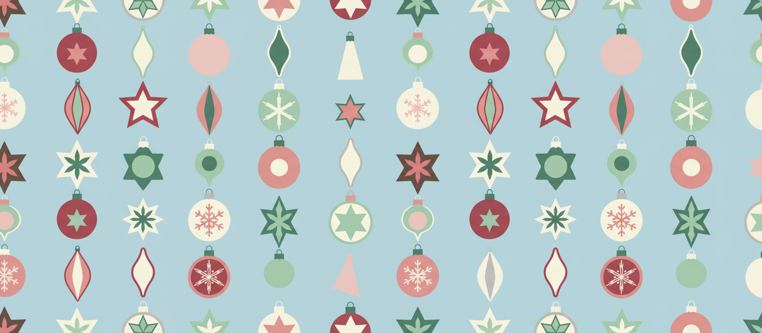 파스텔 블루 배경에 다양한 장식과 눈송이가 반복되는 매끄러운 패턴으로 배열된 세련된 플랫 디자인 크리스마스 일러스트.