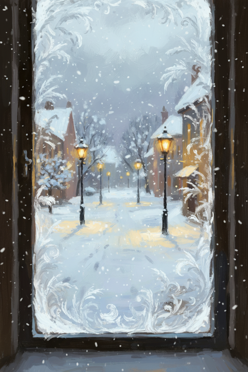 서리 낀 유리창 너머로 눈 덮인 거리와 가로등 불빛이 보이는 유화 스타일 크리스마스 일러스트.