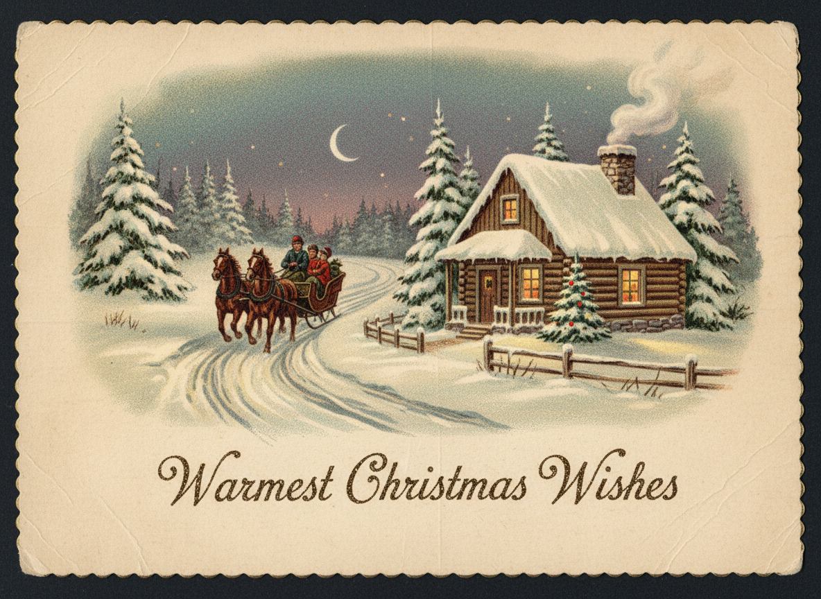 눈 덮인 길을 달리는 말 썰매와 굴뚝에서 연기 나는 오두막이 있는 빈티지 크리스마스 엽서 일러스트.