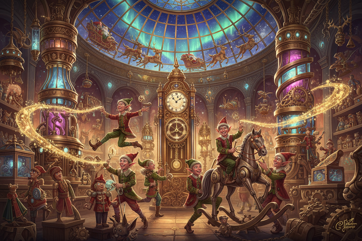 산타의 마법 작업장에서 장난감들을 준비하는 장난기 넘치는 엘프들의 모습이 담긴 환상적인 크리스마스 일러스트.