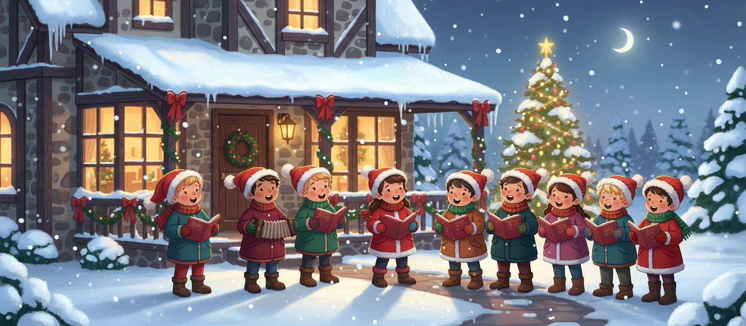 눈 덮인 집 앞에서 캐럴을 부르는 즐거운 아이들과 눈이 내리는 크리스마스 디지털 일러스트.