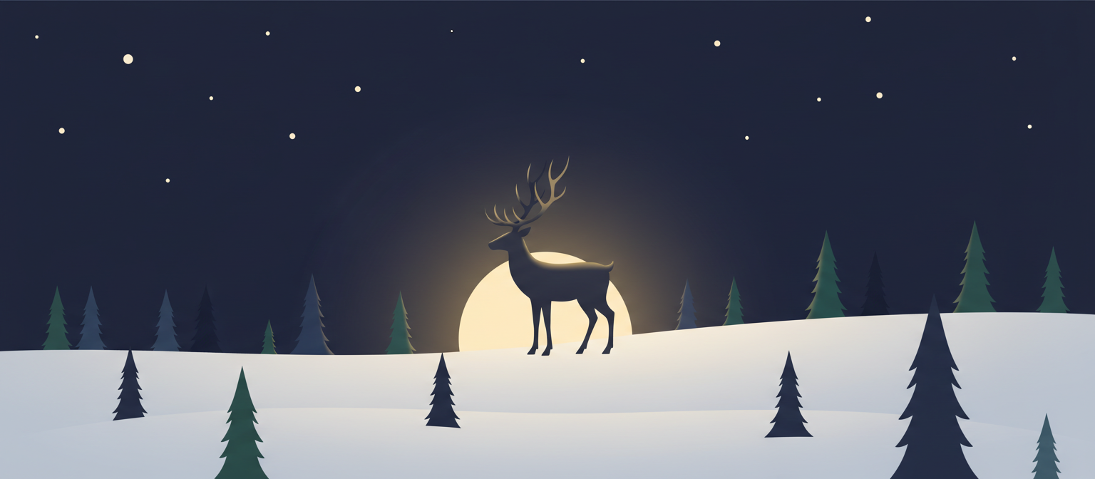 별이 빛나는 밤, 눈 덮인 숲 속의 스타일리시한 순록 실루엣이 있는 미니멀한 크리스마스 일러스트.