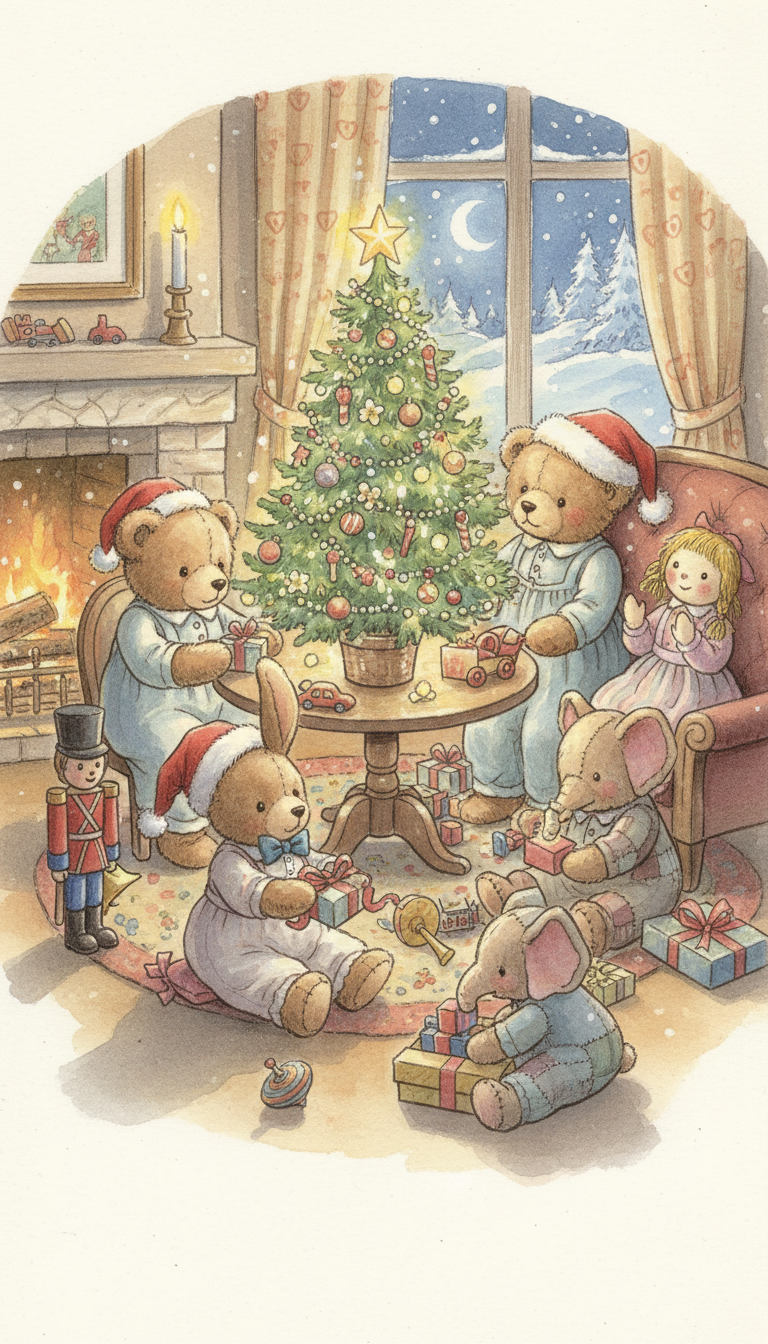 크리스마스 이브에 살아 움직이는 곰 인형과 장난감들의 매력적인 일러스트.