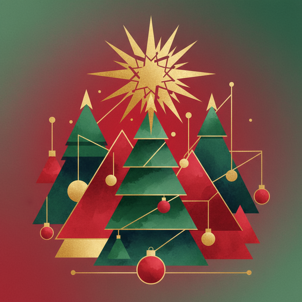 별과 트리 모양의 기하학적 도형으로 구성된 현대적인 추상 크리스마스 일러스트.