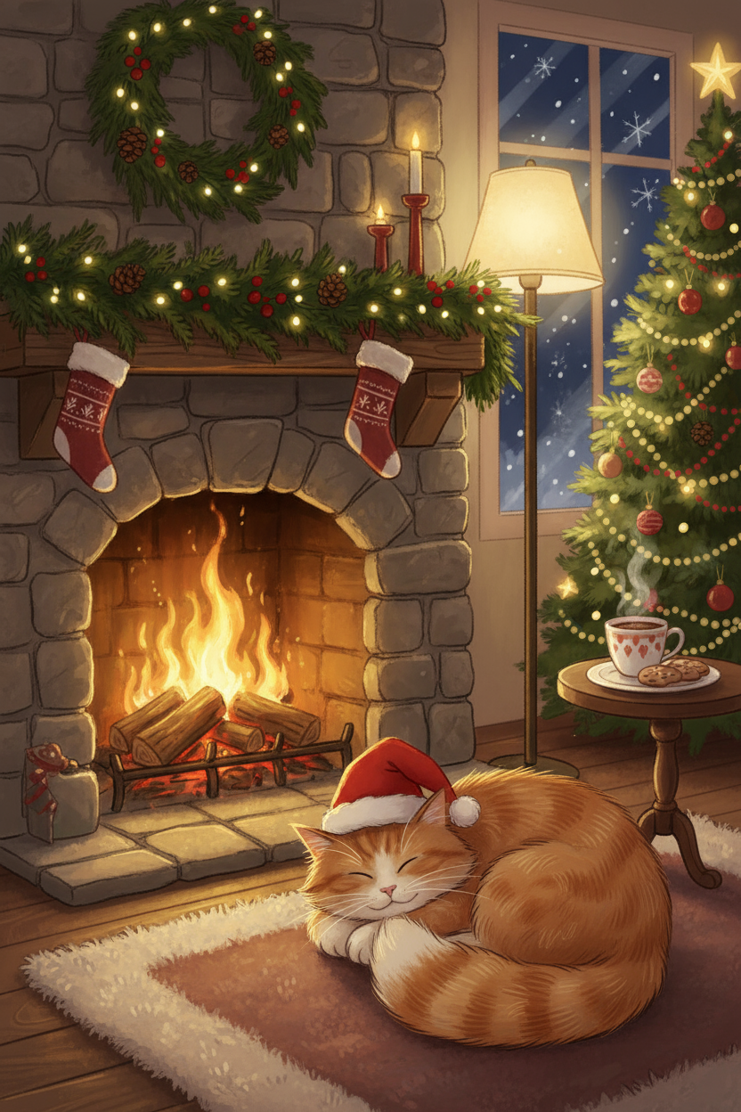 산타 모자를 쓴 고양이가 벽난로 옆에 웅크리고 잠들어 있고, 벽난로 위에는 화환이 걸린 아늑한 크리스마스 일러스트.