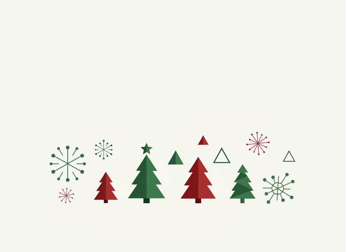 기하학적 크리스마스 트리와 눈송이를 특징으로 하는 현대적인 미니멀리스트 일러스트.