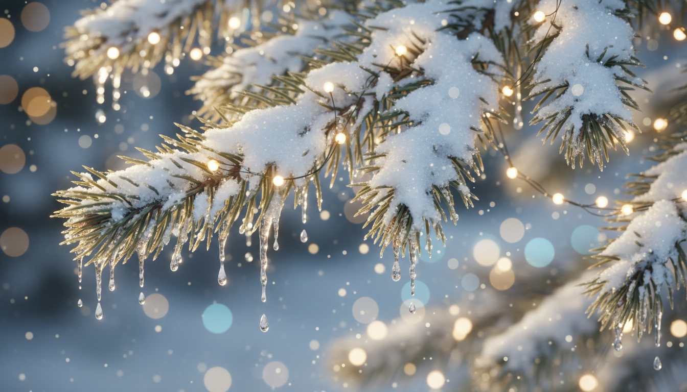 갓 내린 눈이 쌓인 소나무 가지에 요정 조명과 녹는 고드름이 달린 사실적인 크리스마스 일러스트.