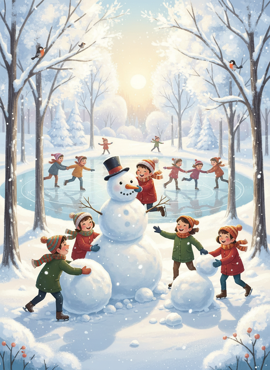 눈 덮인 공원에서 눈사람을 만들고 스케이트를 타는 아이들 일러스트.