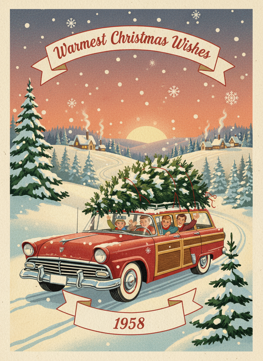 1950년대 빈티지 크리스마스 카드 스타일의 눈 덮인 풍경 속 가족 차 일러스트.