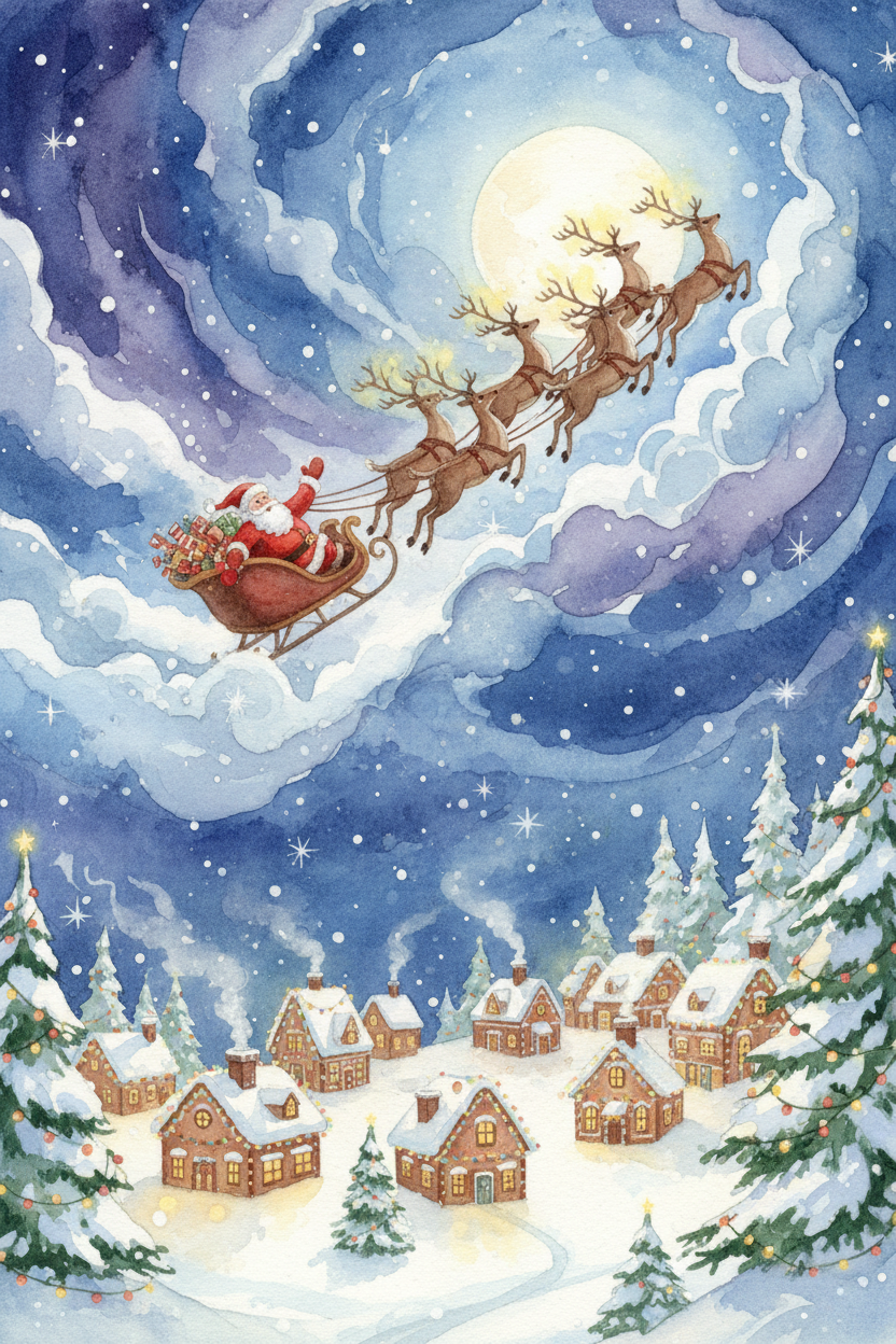 밤하늘을 나는 산타의 썰매가 빛나는 마을 위를 지나는 따뜻한 수채화 크리스마스 일러스트.