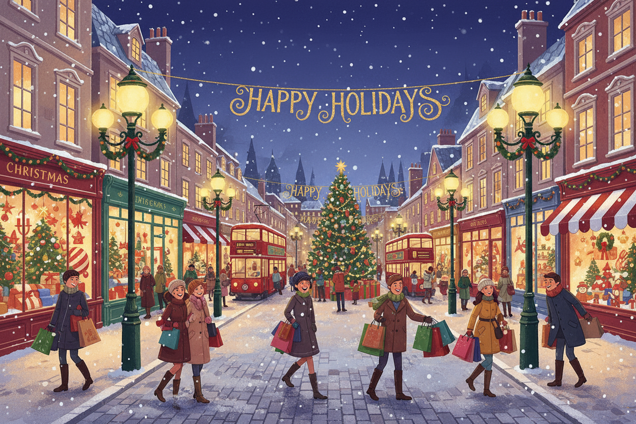 눈이 내리는 축제 분위기의 도시 거리 크리스마스 일러스트.