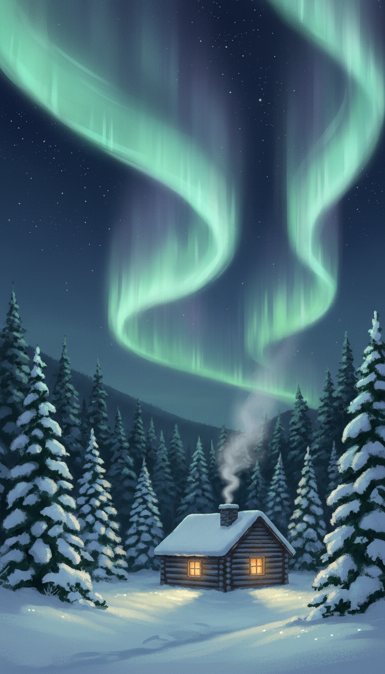 눈 덮인 숲 속에 자리한 외딴 오두막에서 연기가 피어오르고 오로라가 밤하늘을 수놓는 고요한 크리스마스 일러스트.