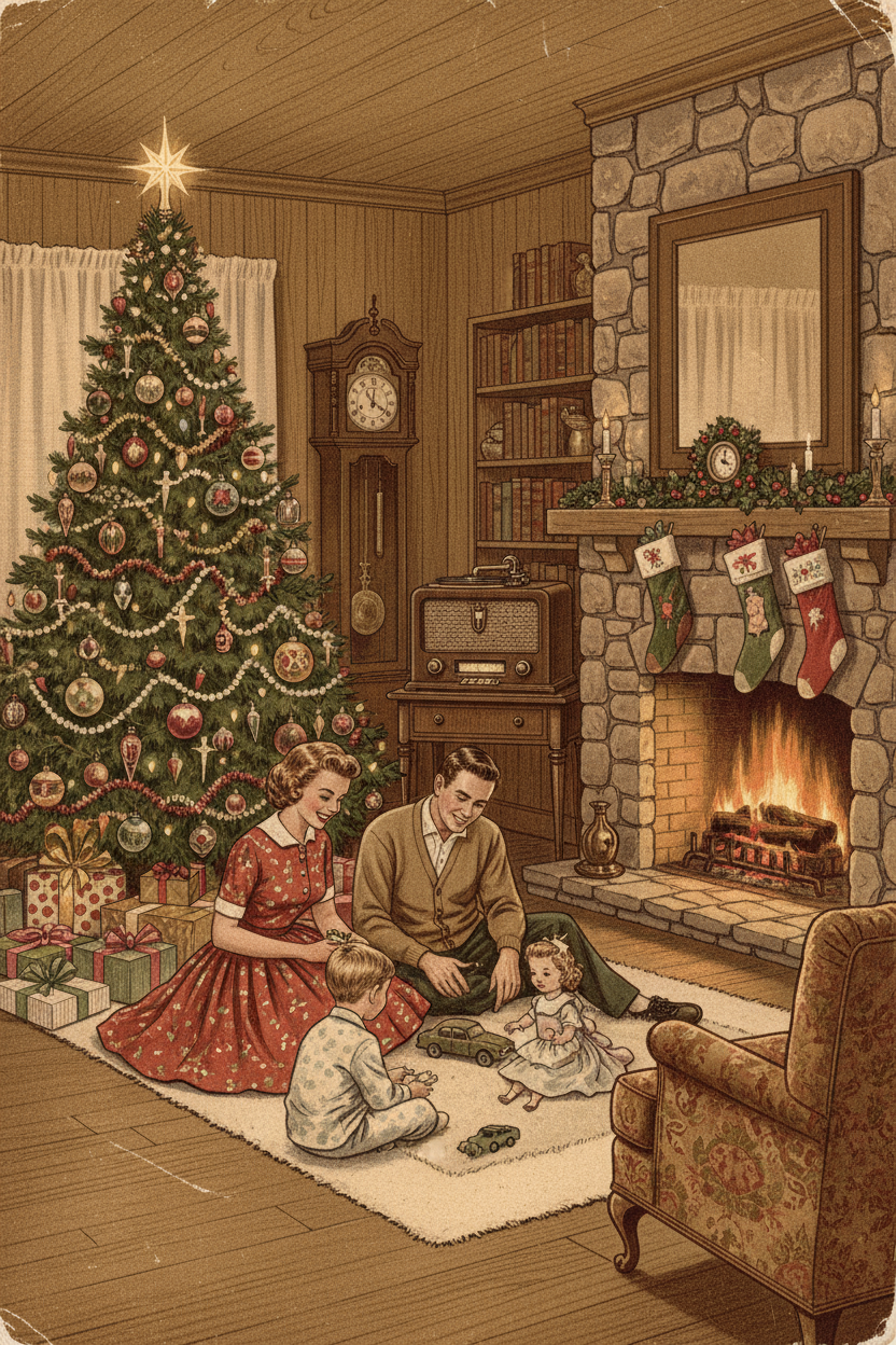 1950년대의 아늑한 거실 풍경, 레트로 크리스마스 트리와 오래된 라디오, 벽난로가 있는 빈티지 크리스마스 일러스트.
